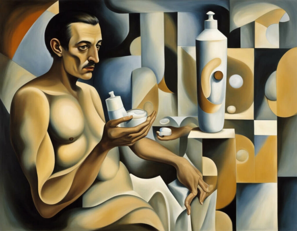 Abstrakte Darstellung eines nackten Mannes, der eine Creme in den Händen hält. Die Creme dient hier in dem Fall der Hautpflege bei dem Verfahren zur Vorhaut-Wiederherstellung.