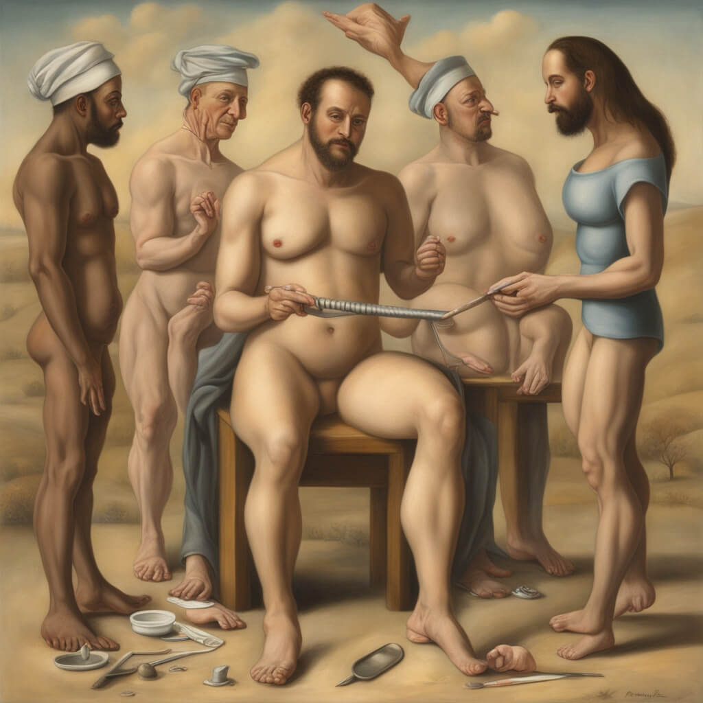 Abstrakte Darstellung von Männern, die ihre Vorhaut wiederherstellen