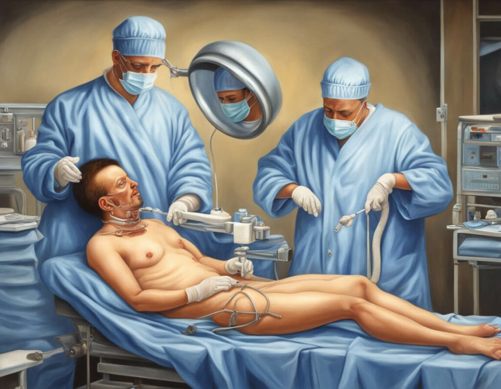 Ein Bild einer abstrakten Darstellung, welches einen Prozess zur Vorhautwiederherstellung durch eine Operation zeigt.